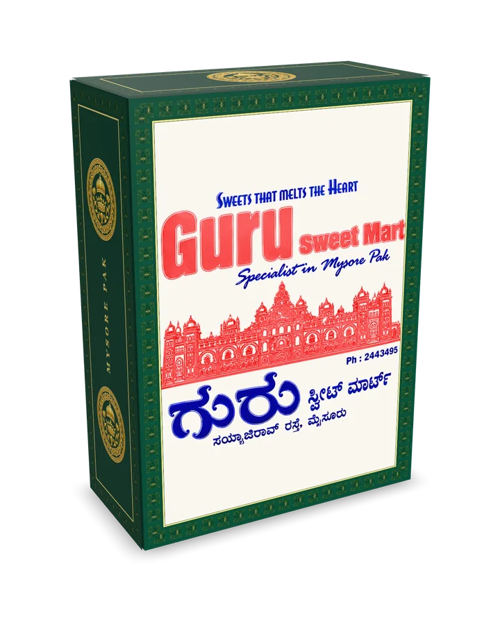 Mysuru Pak carton with the Guru Sweet Mart label