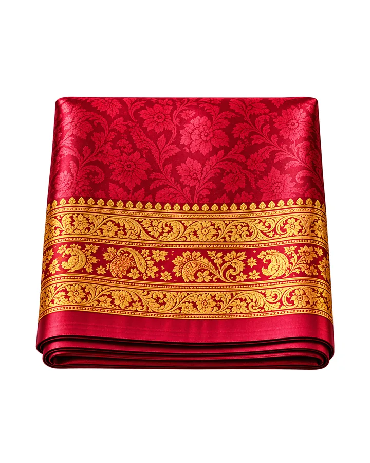 Folded red silk with a woven gold border